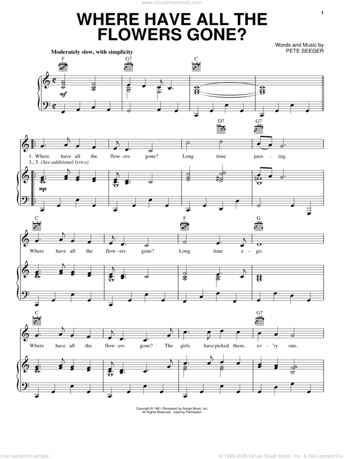 Where Have All The Flowers Gone? sheet music for voice, piano or guitar by The Kingston Trio and Pete Seeger, intermediate skill level