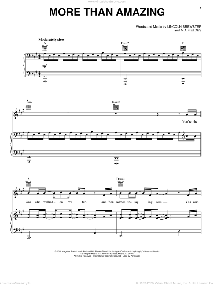 More Than Amazing sheet music for voice, piano or guitar by Lincoln Brewster and Mia Fieldes, intermediate skill level