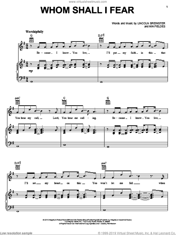 Whom Shall I Fear sheet music for voice, piano or guitar by Lincoln Brewster, Kari Jobe, Lincoln Brewster featuring Kari Jobe and Mia Fieldes, intermediate skill level
