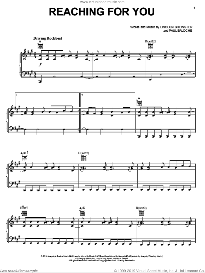 Reaching For You sheet music for voice, piano or guitar by Lincoln Brewster and Paul Baloche, intermediate skill level
