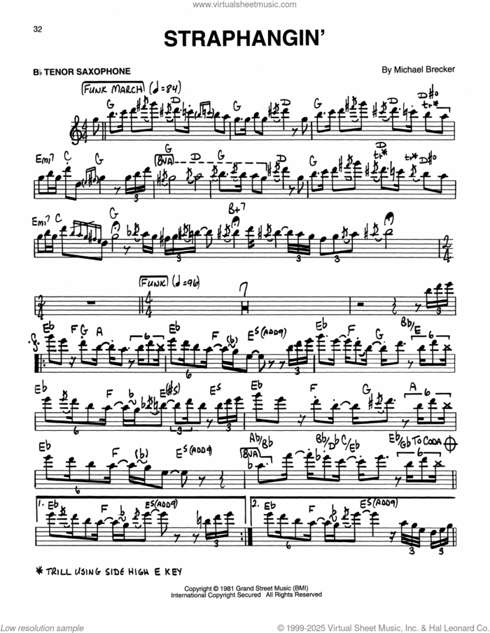 Straphangin' sheet music for tenor saxophone solo (transcription) by The Brecker Brothers and Michael Brecker, intermediate tenor saxophone (transcription)