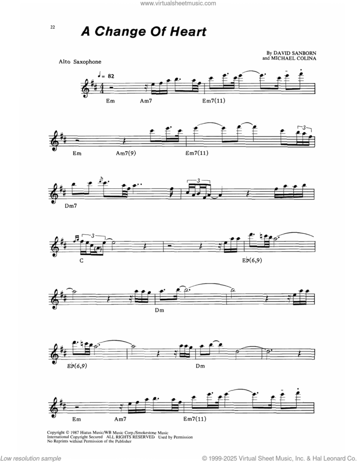 A Change Of Heart sheet music for alto saxophone (transcription) by David Sanborn and Michael Colina, intermediate skill level