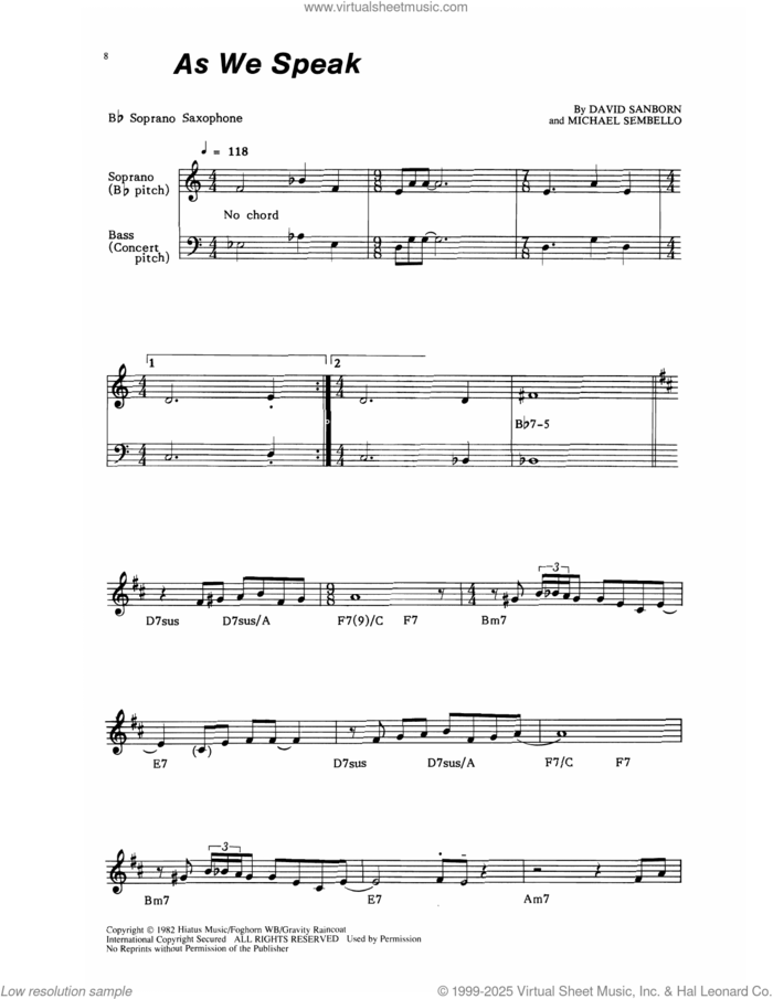 As We Speak sheet music for soprano saxophone solo (transcription) by David Sanborn and Michael Sembello, intermediate soprano saxophone (transcription)