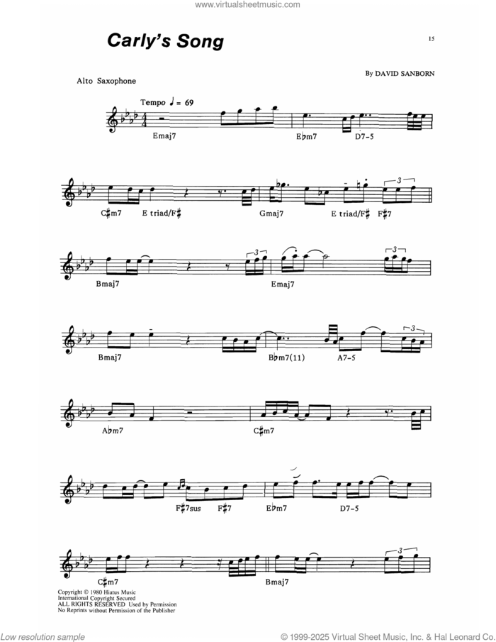 Carly's Song sheet music for alto saxophone (transcription) by David Sanborn, intermediate skill level