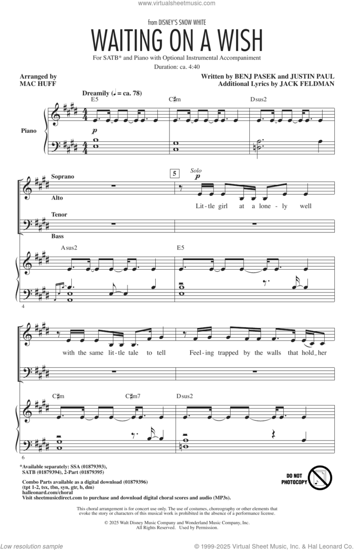 Waiting On A Wish (from Snow White) (arr. Mac Huff) sheet music for choir (SATB: soprano, alto, tenor, bass) by Benj Pasek, Mac Huff, Jack Feldman, Justin Paul and Pasek & Paul, intermediate skill level