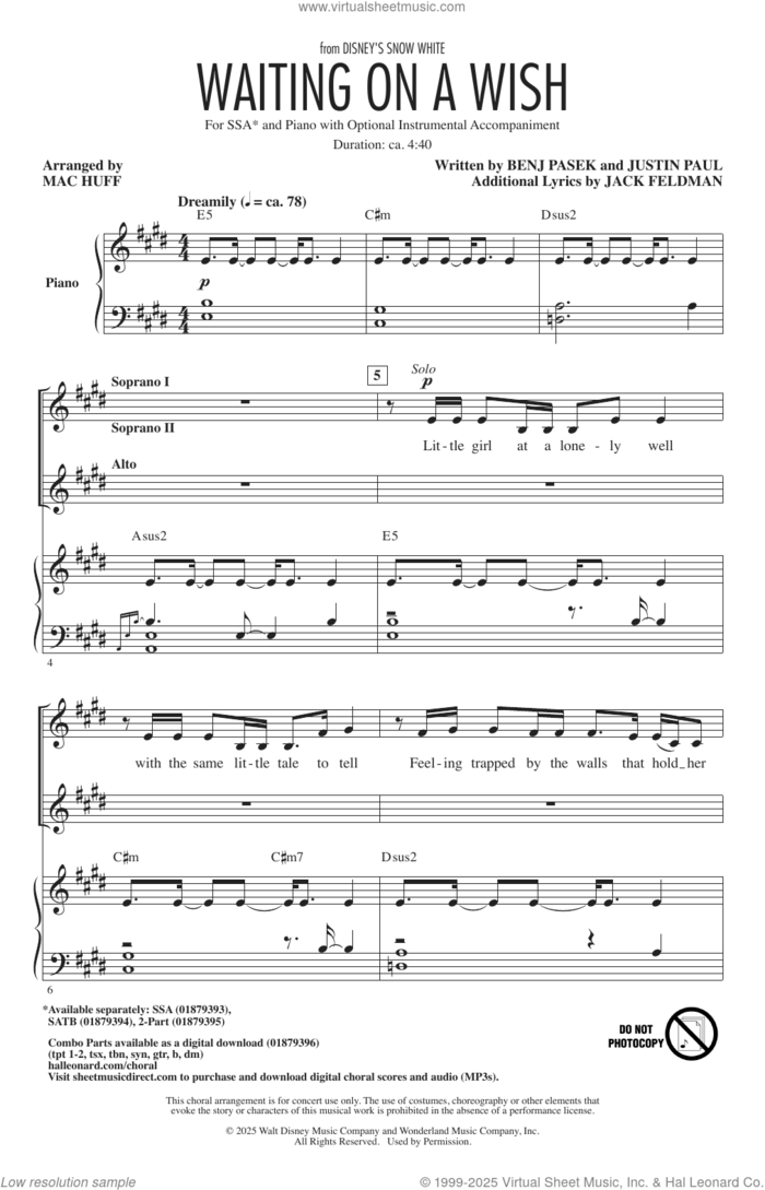 Waiting On A Wish (from Snow White) (arr. Mac Huff) sheet music for choir (SSA: soprano, alto) by Benj Pasek, Mac Huff, Jack Feldman, Justin Paul and Pasek & Paul, intermediate skill level