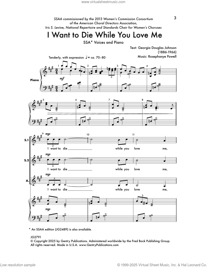 I Want to Die While You Love Me sheet music for choir (SSA: soprano, alto) by Rosephanye Powell and Georgia Douglas Johnson, intermediate skill level