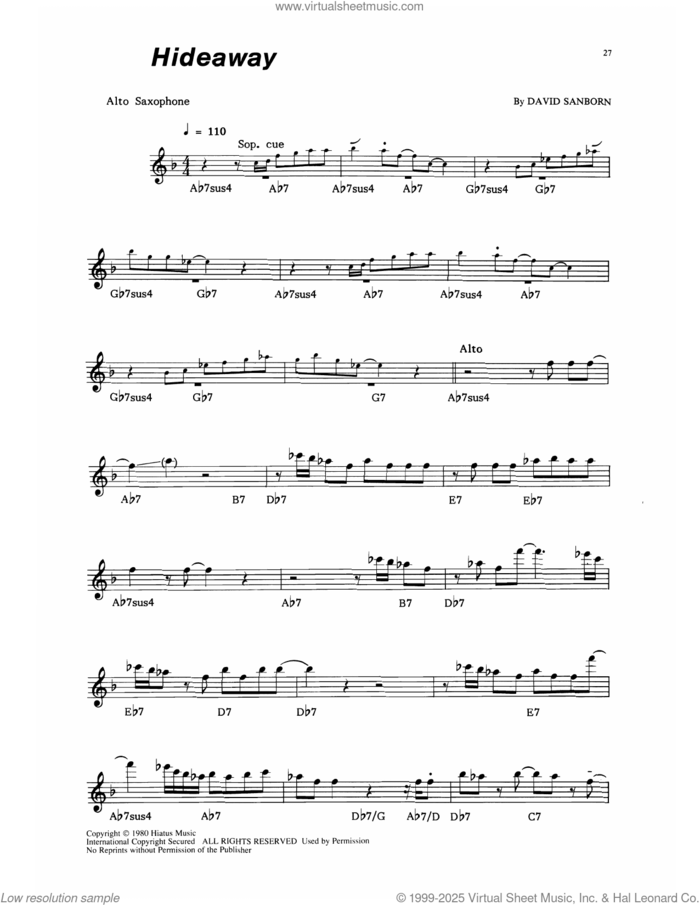 Hideaway sheet music for alto saxophone (transcription) by David Sanborn, intermediate skill level