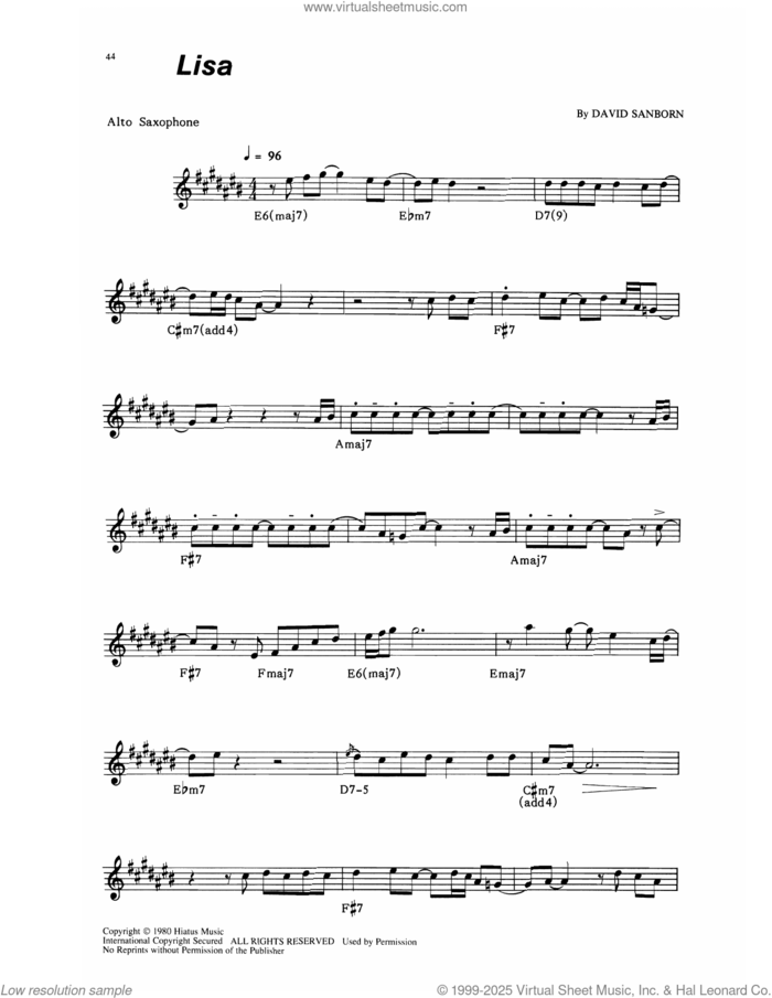 Lisa sheet music for alto saxophone (transcription) by David Sanborn, intermediate skill level