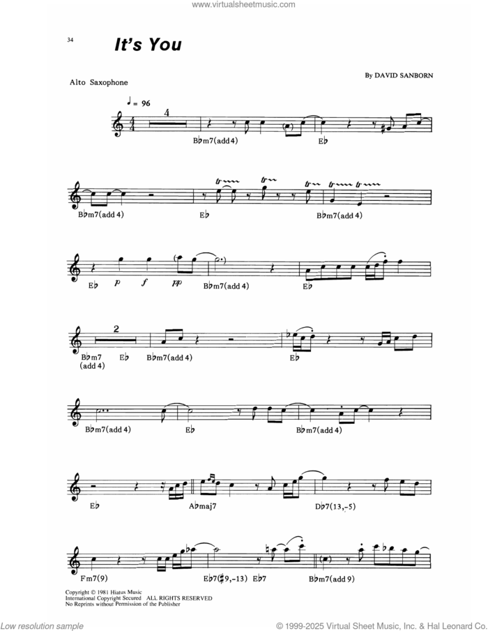 It's You sheet music for alto saxophone (transcription) by David Sanborn, intermediate skill level