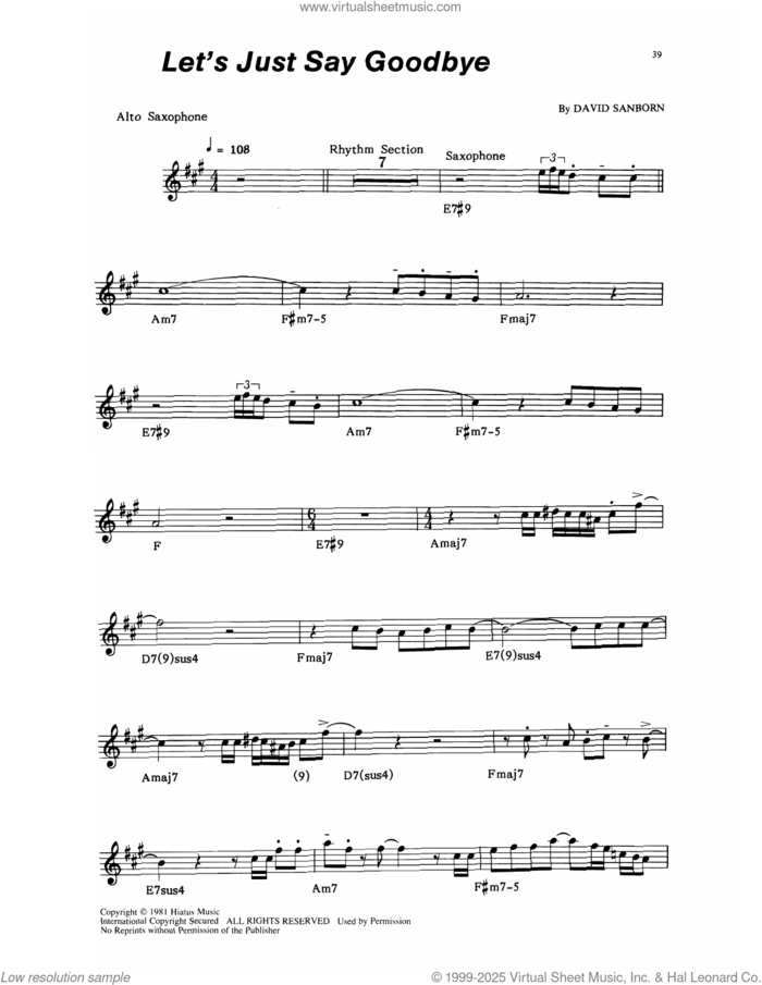 Let's Just Say Goodbye sheet music for alto saxophone (transcription) by David Sanborn, intermediate skill level