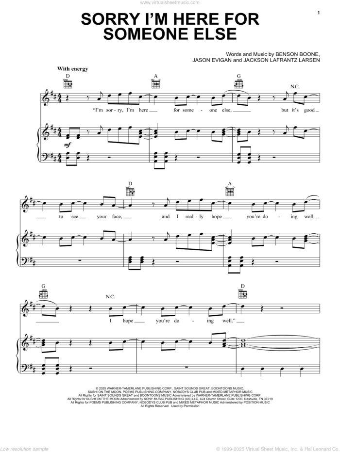 Sorry I'm Here For Someone Else sheet music for voice, piano or guitar by Benson Boone, Jackson Lafrantz Larsen and Jason Evigan, intermediate skill level