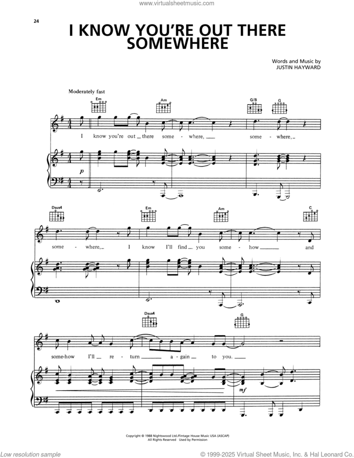 I Know You're Out There Somewhere sheet music for voice, piano or guitar by The Moody Blues and Justin Hayward, intermediate skill level