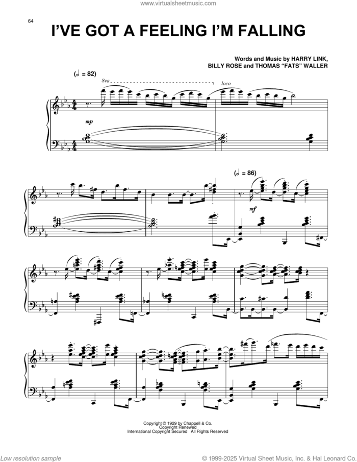I've Got A Feeling I'm Falling sheet music for piano solo by Fats Waller, Paul Posnak, Thomas Waller, Billy Rose and Harry Link, intermediate skill level