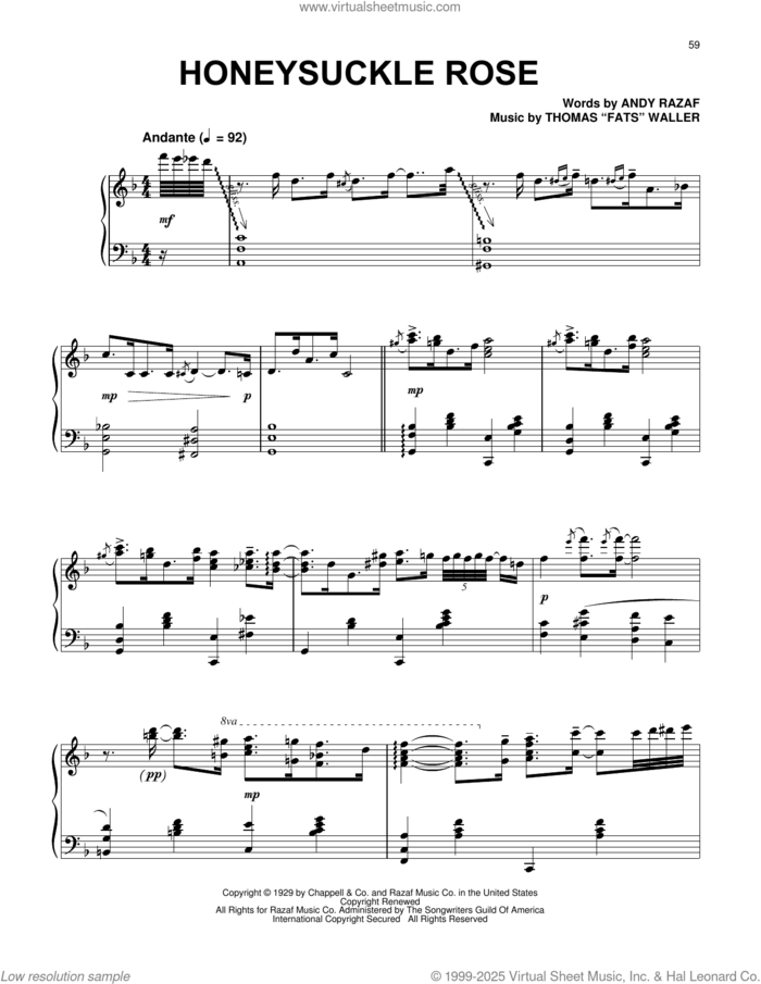 Honeysuckle Rose, (intermediate) sheet music for piano solo by Andy Razaf, Paul Posnak and Thomas Waller, intermediate skill level