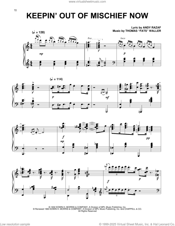 Keepin' Out Of Mischief Now sheet music for piano solo by Andy Razaf, Paul Posnak and Thomas Waller and Thomas Waller, intermediate skill level