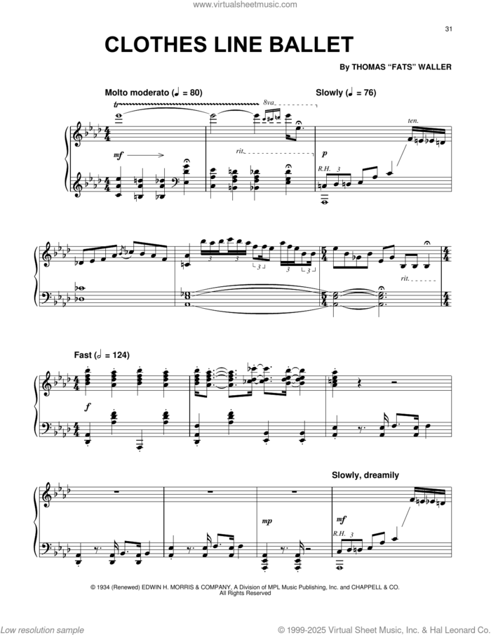 Clothes Line Ballet sheet music for piano solo by Fats Waller, Paul Posnak and Thomas Waller, intermediate skill level