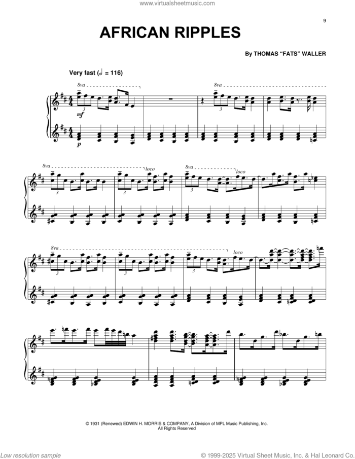 African Ripples sheet music for piano solo by Fats Waller, Paul Posnak and Thomas Waller, intermediate skill level