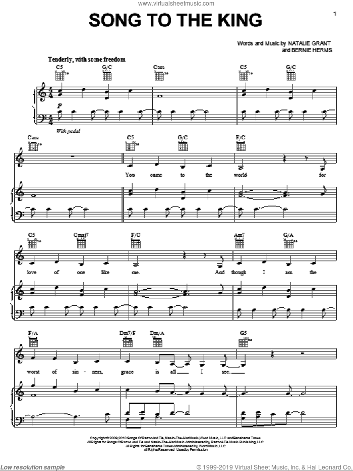 Song To The King sheet music for voice, piano or guitar by Natalie Grant and Bernie Herms, intermediate skill level