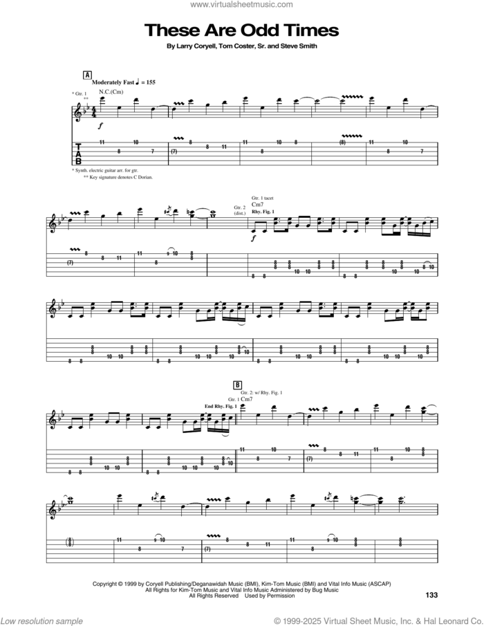 These Are Odd Times sheet music for guitar (tablature) by Larry Coryell, Steve Smith and Tom Coster, Sr., intermediate skill level