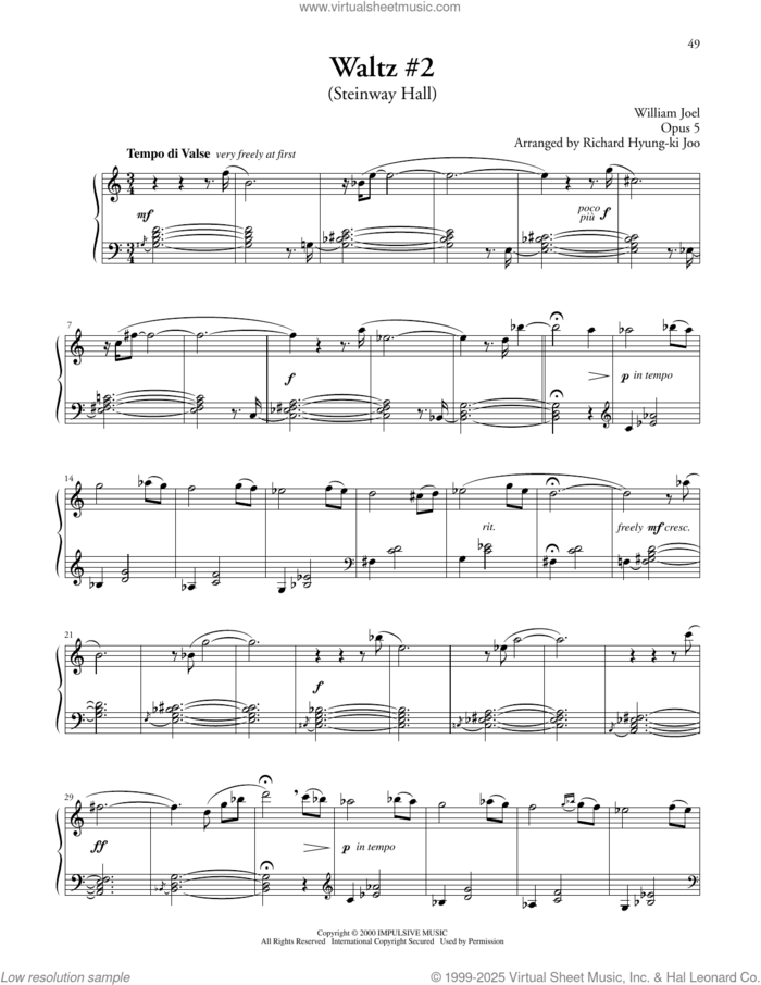 Waltz #2 (Steinway Hall) sheet music for piano solo by Billy Joel, Richard Hyung-ki Joo (arr.) and William Joel, classical score, intermediate skill level