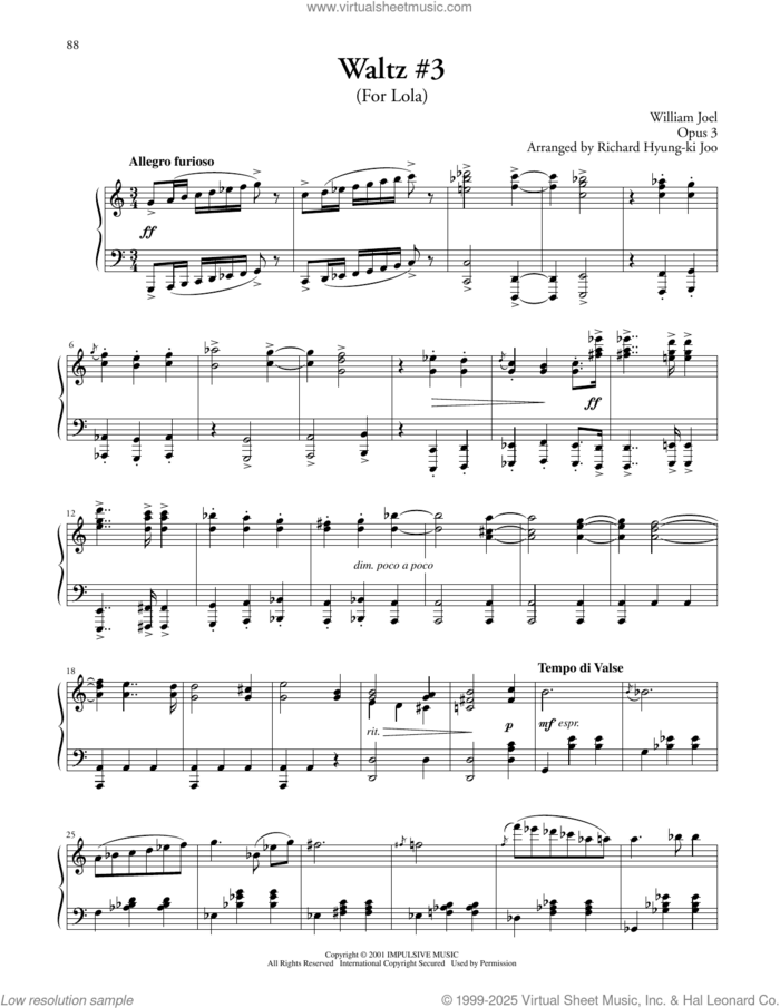 Waltz #3 (For Lola) sheet music for piano solo by Billy Joel, Richard Hyung-ki Joo (arr.) and William Joel, classical score, intermediate skill level