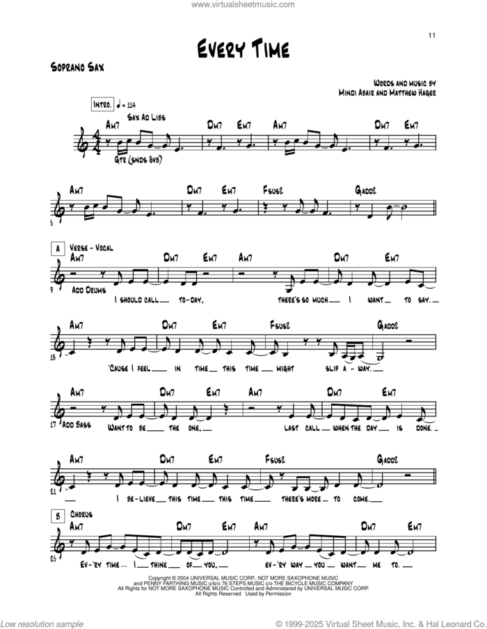 Every Time sheet music for soprano saxophone solo (transcription) by Mindi Abair and Matthew Hager, intermediate soprano saxophone (transcription)