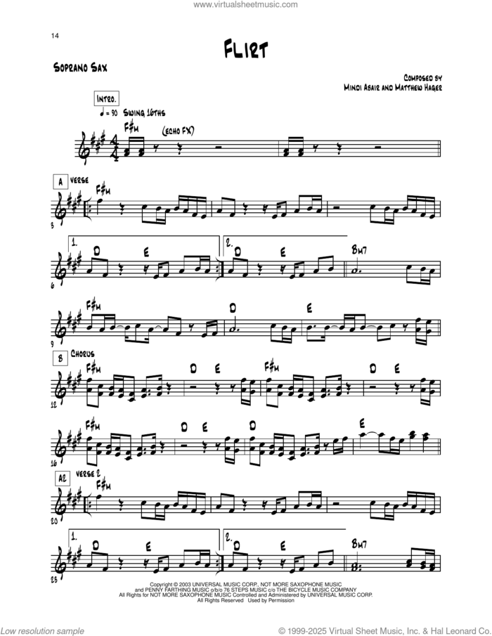 Flirt sheet music for soprano saxophone solo (transcription) by Mindi Abair and Matthew Hager, intermediate soprano saxophone (transcription)