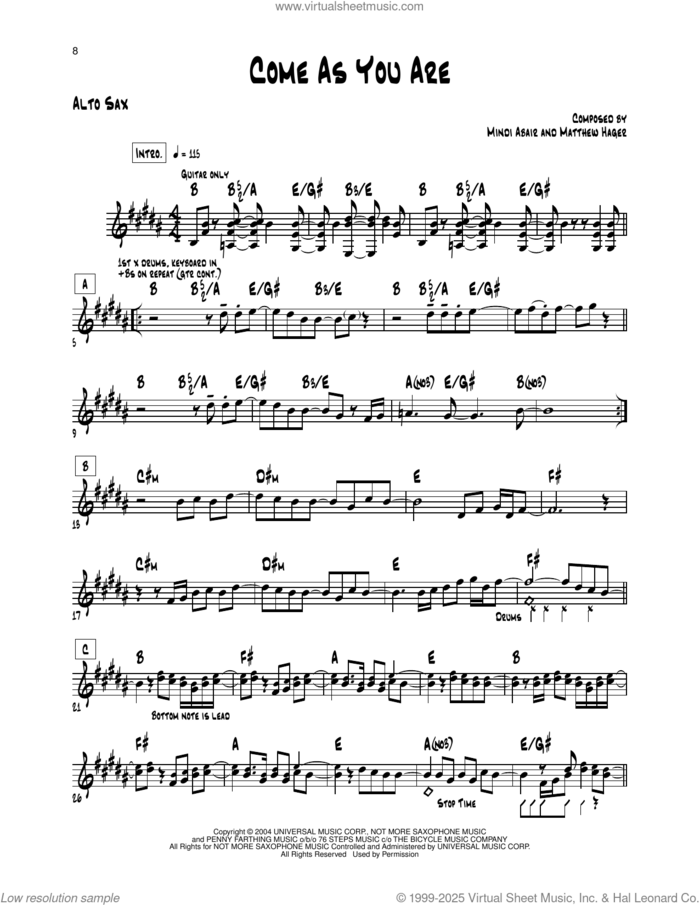 Come As You Are sheet music for alto saxophone (transcription) by Mindi Abair and Matthew Hager, intermediate skill level