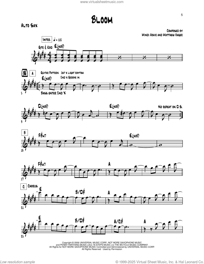 Bloom sheet music for alto saxophone (transcription) by Mindi Abair and Matthew Hager, intermediate skill level