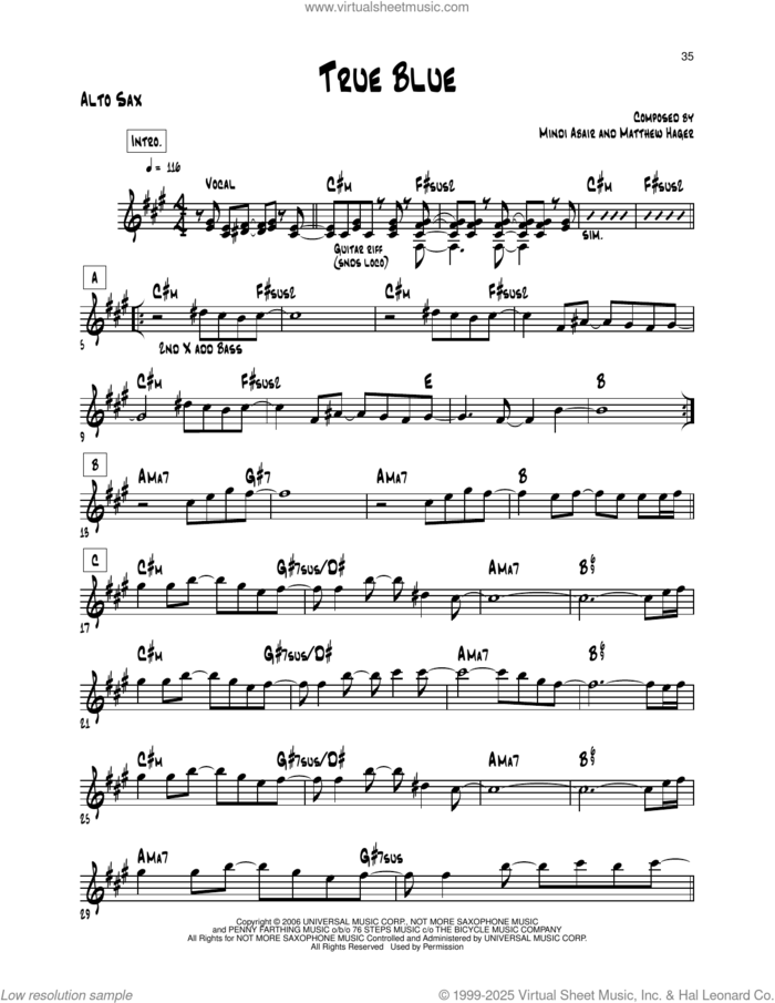 True Blue sheet music for alto saxophone (transcription) by Mindi Abair and Matthew Hager, intermediate skill level
