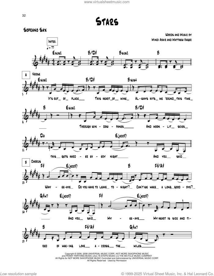 Stars sheet music for soprano saxophone solo (transcription) by Mindi Abair and Matthew Hager, intermediate soprano saxophone (transcription)