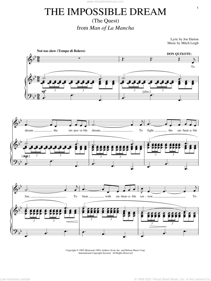 The Impossible Dream (The Quest) sheet music for voice and piano by Joe Darion, Man Of La Mancha (Musical), Richard Walters and Mitch Leigh, intermediate skill level