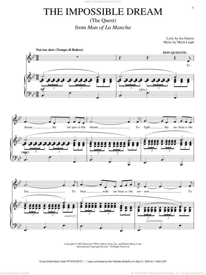 The Impossible Dream (The Quest) sheet music for voice and piano by Joe Darion, Man Of La Mancha (Musical), Richard Walters and Mitch Leigh, intermediate skill level