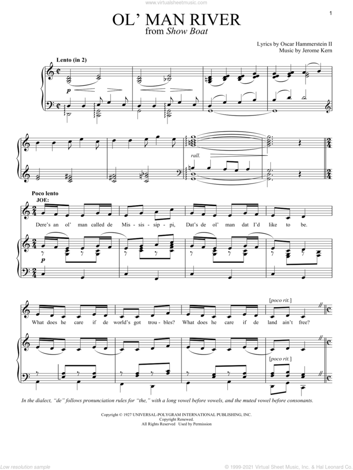 Ol' Man River sheet music for voice and piano by Jerome Kern, Show Boat (Musical), Richard Walters and Oscar II Hammerstein, intermediate skill level