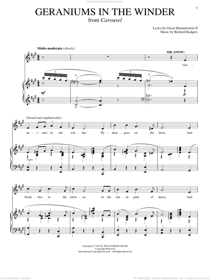 Geraniums In The Winder sheet music for voice and piano by Rodgers & Hammerstein, Carousel (Musical), Richard Walters, Oscar II Hammerstein and Richard Rodgers, intermediate skill level