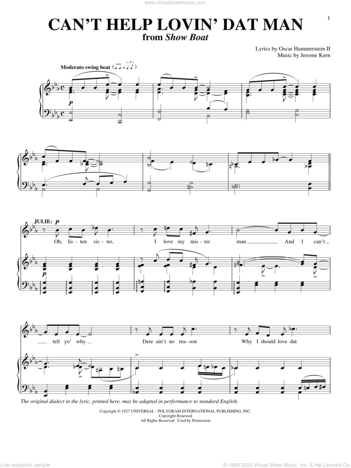 Can't Help Lovin' Dat Man sheet music for voice and piano by Jerome Kern, Show Boat (Musical), Richard Walters and Oscar II Hammerstein, intermediate skill level