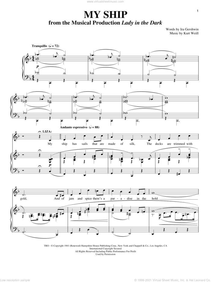 My Ship sheet music for voice and piano by Kurt Weill, Richard Walters and Ira Gershwin, intermediate skill level
