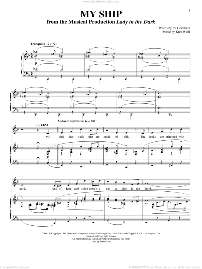 My Ship sheet music for voice and piano by Kurt Weill, Richard Walters and Ira Gershwin, intermediate skill level