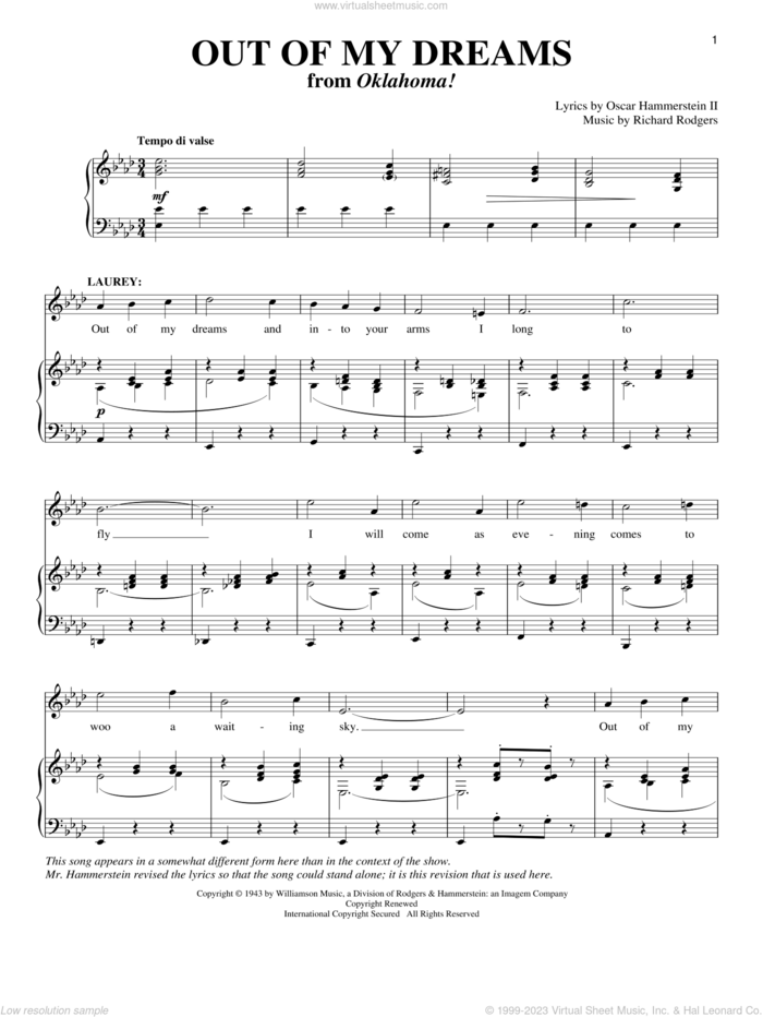 Out Of My Dreams (from Oklahoma!) sheet music for voice and piano by Rodgers & Hammerstein, Oklahoma! (Musical), Richard Walters, Oscar II Hammerstein and Richard Rodgers, intermediate skill level