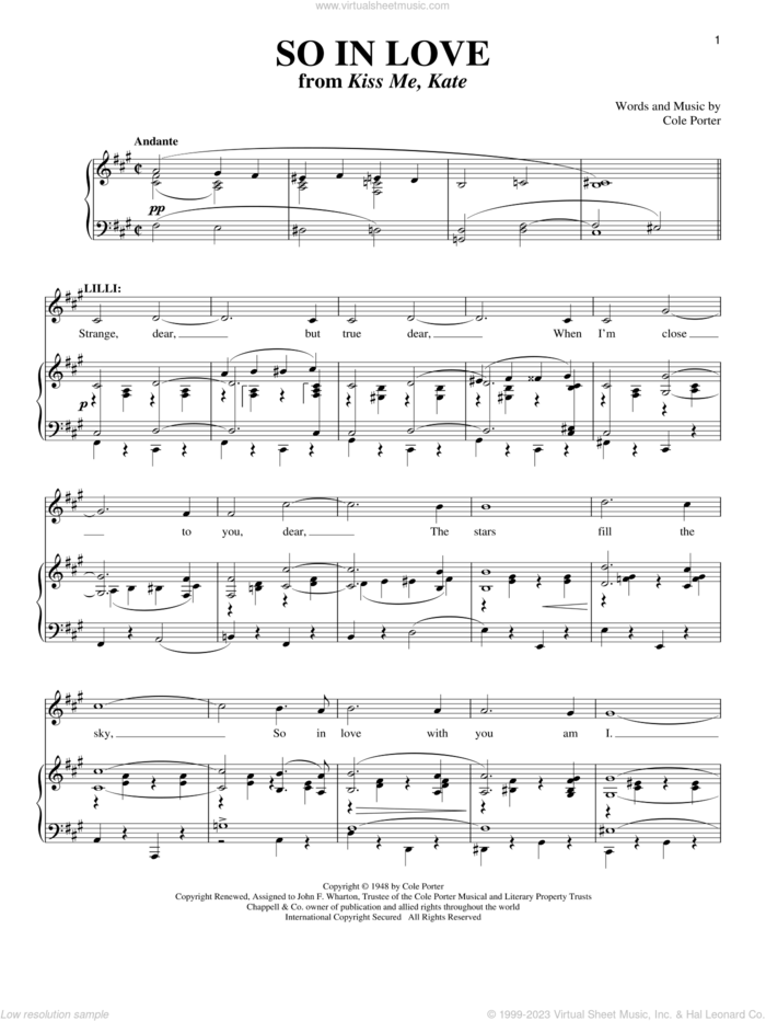 So In Love (from Kiss Me, Kate) sheet music for voice and piano by Cole Porter, Kiss Me, Kate (Musical) and Richard Walters, intermediate skill level