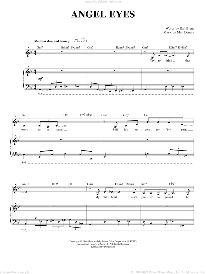 Angel Eyes sheet music for voice and piano by Matt Dennis and Earl Brent, intermediate skill level