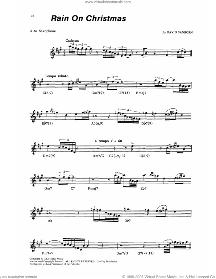 Rain On Christmas sheet music for alto saxophone (transcription) by David Sanborn, intermediate skill level