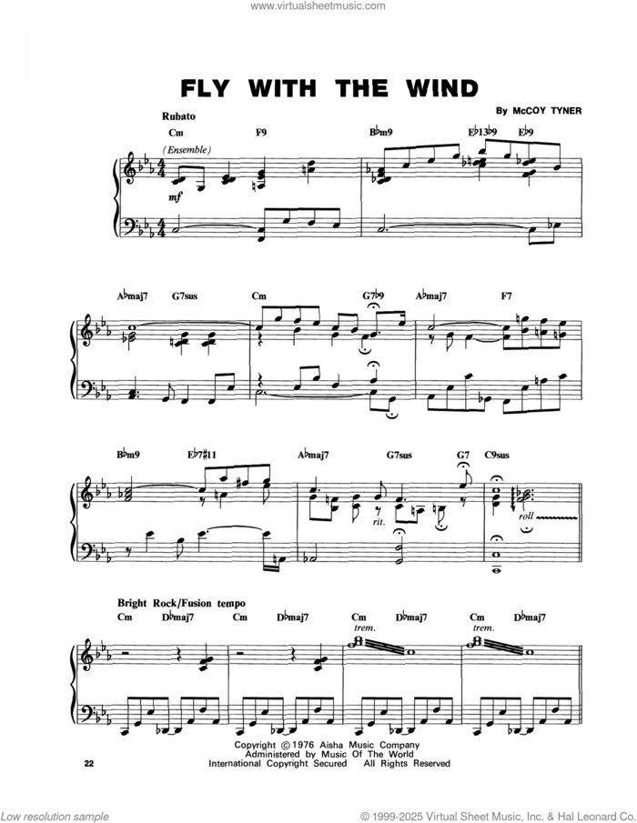 Fly With The Wind sheet music for piano solo (transcription) by McCoy Tyner, intermediate piano (transcription)