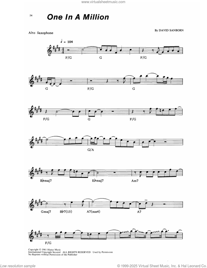 One In A Million sheet music for alto saxophone (transcription) by David Sanborn, intermediate skill level