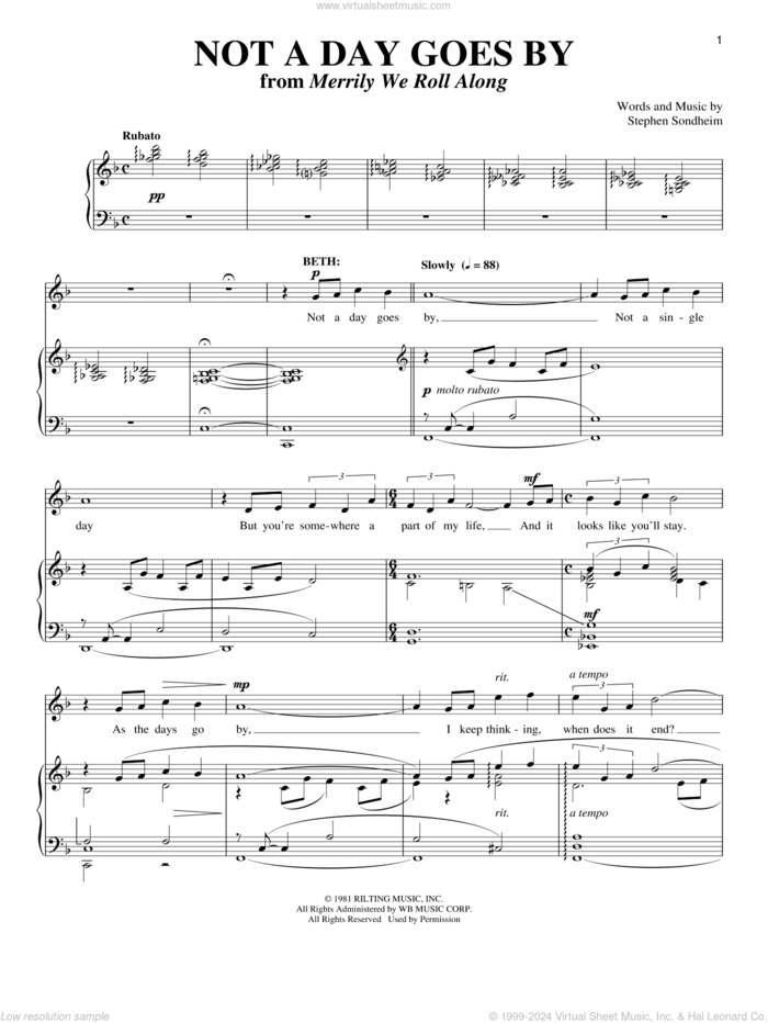 Not A Day Goes By sheet music for voice and piano by Stephen Sondheim and Richard Walters, intermediate skill level