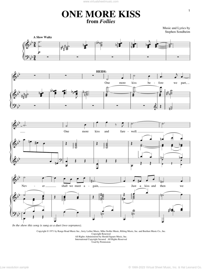 One More Kiss sheet music for voice and piano by Stephen Sondheim, Follies (Musical) and Richard Walters, intermediate skill level