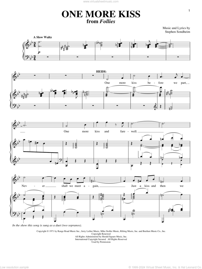 One More Kiss sheet music for voice and piano by Stephen Sondheim, Follies (Musical) and Richard Walters, intermediate skill level