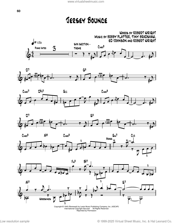 Jersey Bounce sheet music for trumpet solo (transcription) by Les Hite and His Orchestra, Dizzy Gillespie, Bobby Plater, Ed Johnson, Robert Wright and Tiny Bradshaw, intermediate trumpet (transcription)