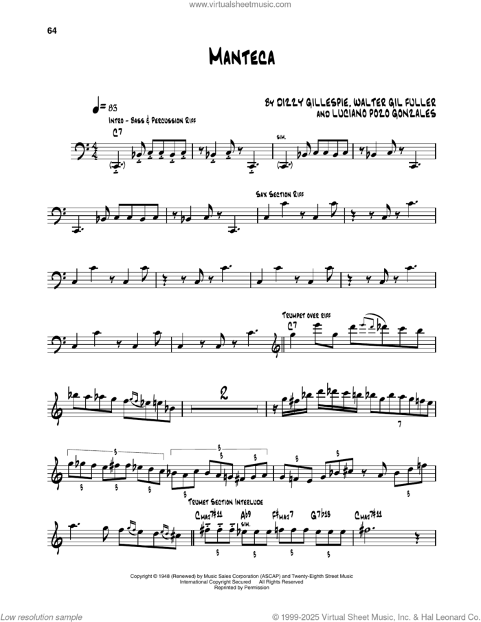 Manteca sheet music for trumpet solo (transcription) by Dizzy Gillespie, Luciano Pozo Gonzales and Walter Gil Fuller, intermediate trumpet (transcription)